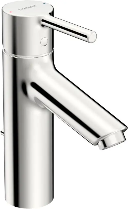 Waschtischbatterie mit einem klaren, modernen Design. Hochwertige Oberfläche in Chrom. Hergestellt von HANSA, ausgestattet mit einem Pinhebel und einer praktischen Zugstangen-Ablaufgarnitur.